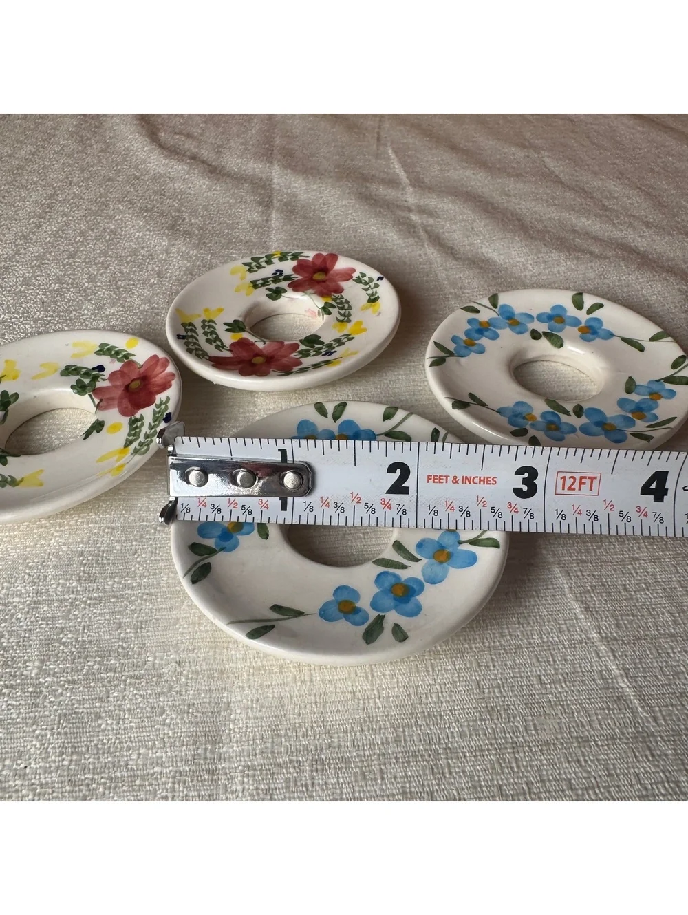 Vintage Hand Painted Ceramic Taper Candle Bobeches Set of 4 Floral Drip Catchers - Picture 5 of 6